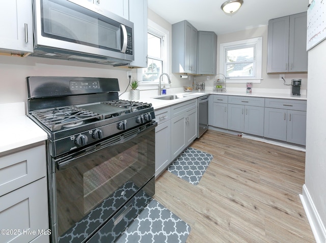 kitchen featuring stainless steel appliances, a sink, a wealth of natural light, and gray cabinetry