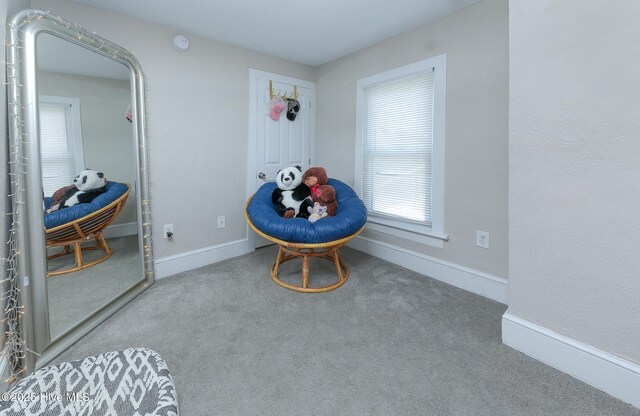 living area featuring carpet floors and baseboards