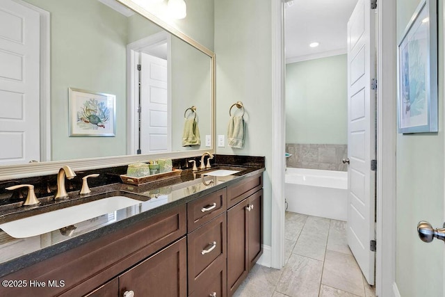 full bath with double vanity, a washtub, and a sink