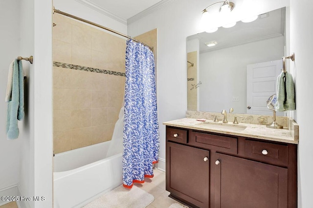 full bath with ornamental molding, shower / bath combo, and vanity