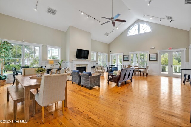 living area with light wood-type flooring, a wainscoted wall, and track lighting