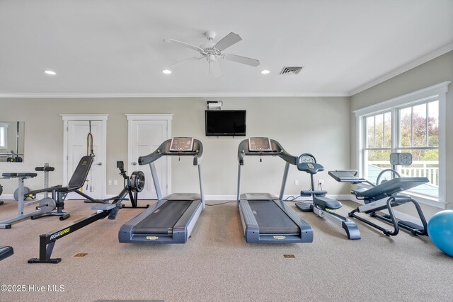 exercise room featuring a wealth of natural light, ornamental molding, and visible vents