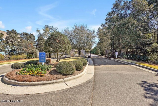 view of road with a gate, a gated entry, and curbs