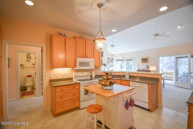 kitchen with white appliances, plenty of natural light, a peninsula, and light carpet