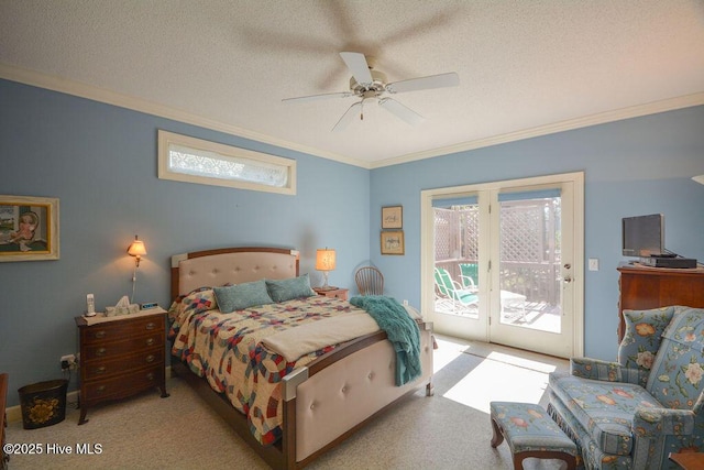 carpeted bedroom featuring a textured ceiling, access to exterior, a ceiling fan, and ornamental molding