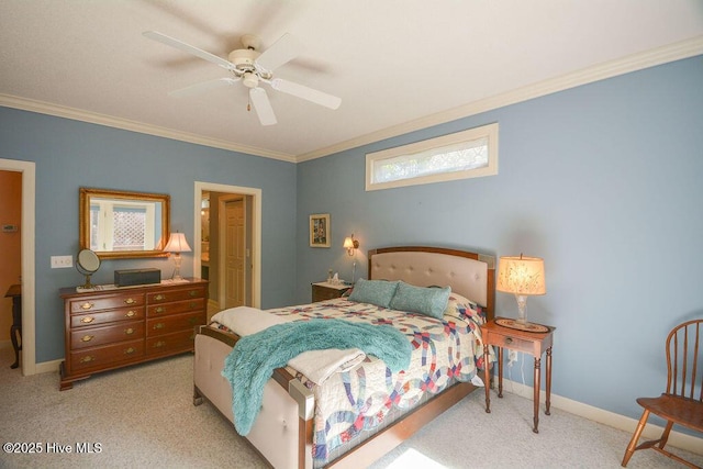 bedroom featuring light colored carpet, a ceiling fan, crown molding, and baseboards