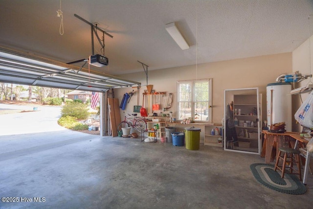 garage with gas water heater and a garage door opener