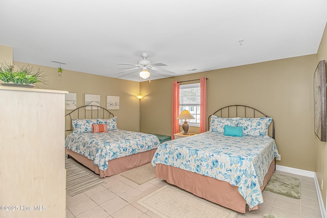 bedroom featuring baseboards, visible vents, a ceiling fan, and tile patterned floors