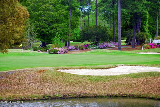 view of community with a yard, golf course view, and a water view