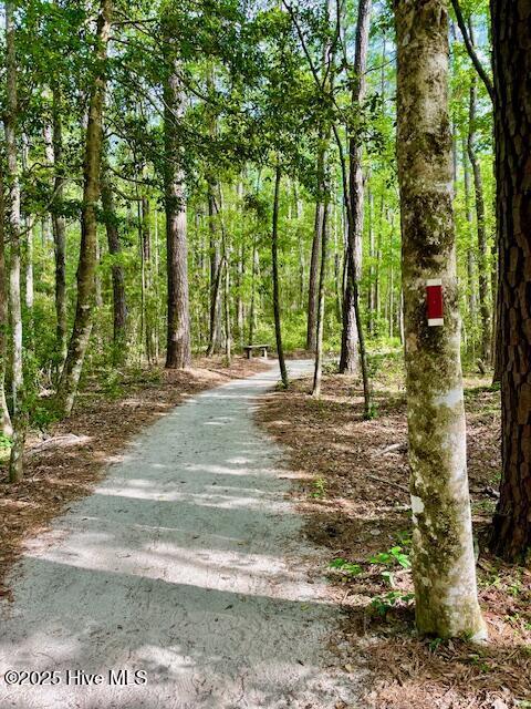 surrounding community with driveway and a wooded view