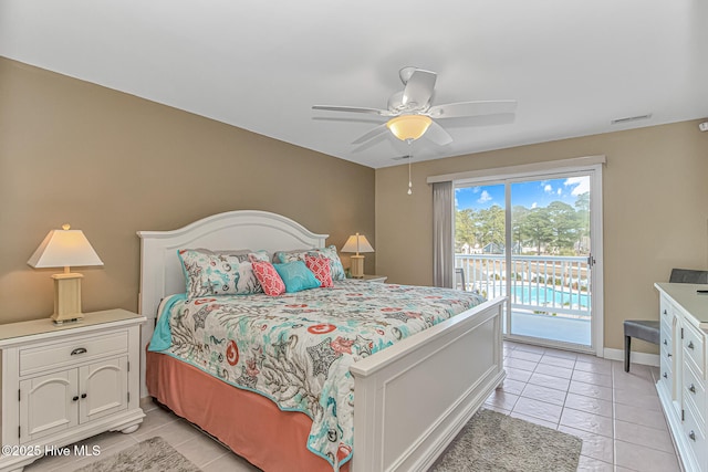 bedroom featuring light tile patterned floors, visible vents, a ceiling fan, access to outside, and baseboards