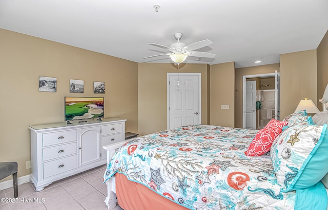 bedroom with a ceiling fan, baseboards, and light tile patterned floors