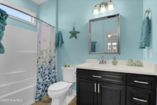 full bathroom featuring toilet, vanity, and wood finished floors