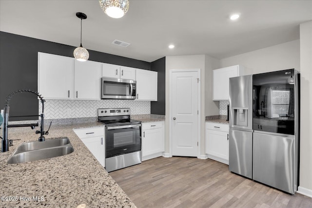 kitchen featuring appliances with stainless steel finishes, a sink, visible vents, and white cabinetry