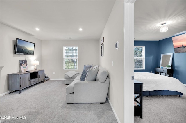 bedroom featuring recessed lighting, carpet flooring, and baseboards