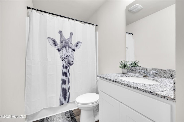 full bathroom with toilet, wood finished floors, and vanity