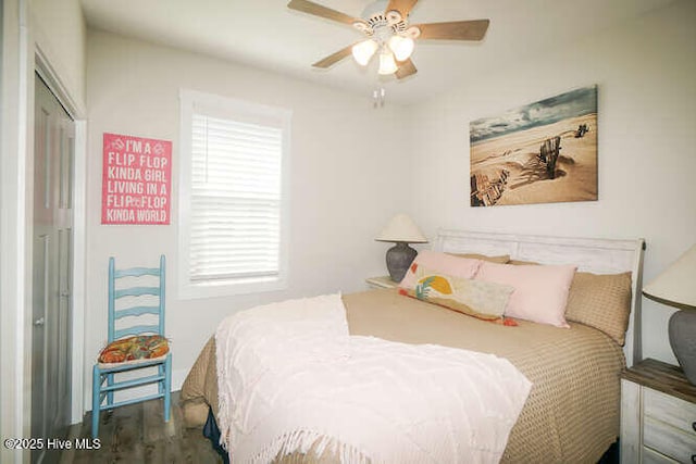 226 NE 76th St, Oak Island, NC 28465 - bedroom with wood finished floors, a closet, and ceiling fan