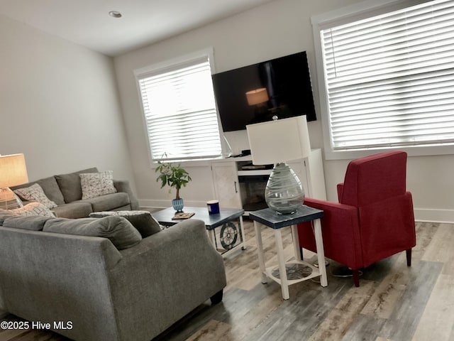 living room featuring baseboards and wood finished floors