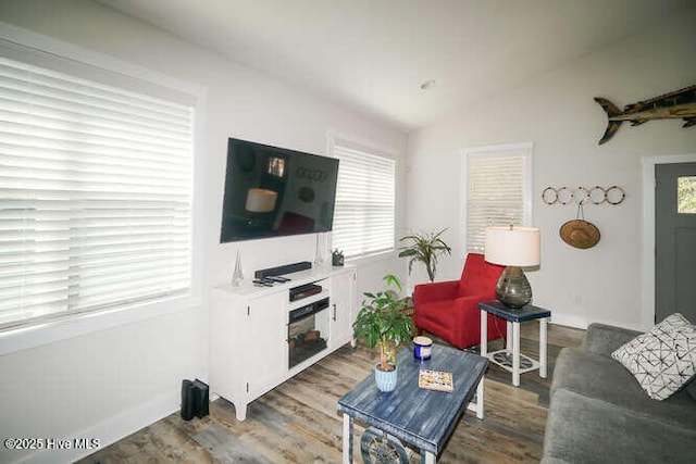 226 NE 76th St, Oak Island, NC 28465 - living area with wood finished floors, vaulted ceiling, and baseboards