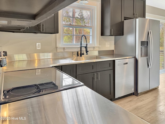 kitchen with light wood-style flooring, gray cabinetry, a sink, stainless steel countertops, and appliances with stainless steel finishes