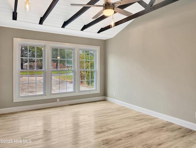 unfurnished room with ceiling fan, baseboards, lofted ceiling with beams, wooden ceiling, and wood finished floors