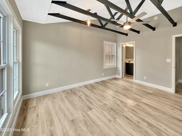 unfurnished bedroom featuring connected bathroom, light wood-style floors, wooden ceiling, baseboards, and vaulted ceiling with beams