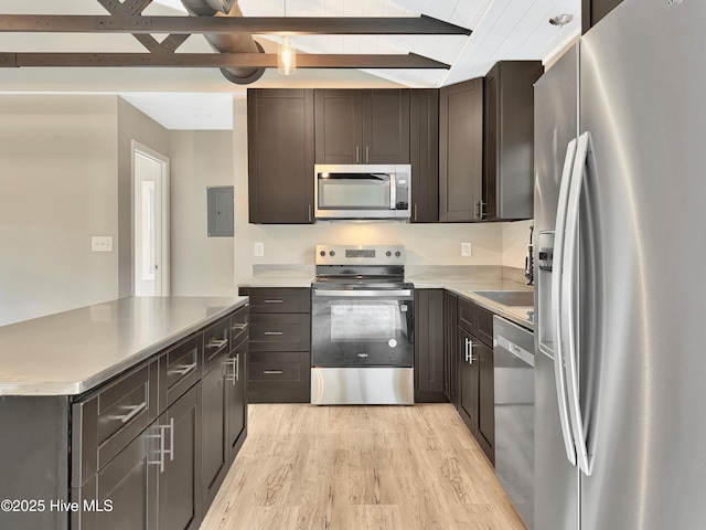 kitchen with light wood finished floors, vaulted ceiling with beams, light countertops, electric panel, and stainless steel appliances