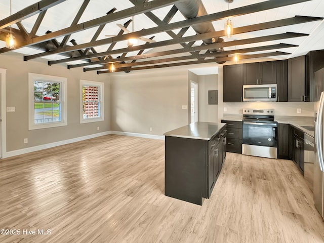 kitchen featuring light wood finished floors, open floor plan, appliances with stainless steel finishes, and a kitchen island