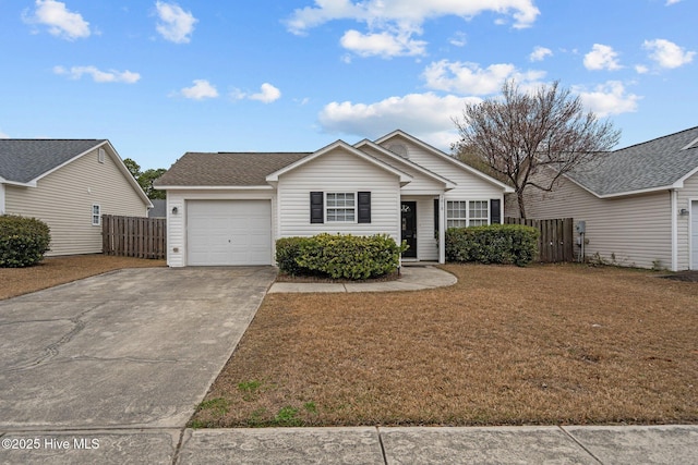 ranch-style home featuring driveway, a front lawn, an attached garage, and fence