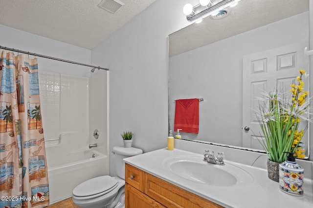 full bath featuring a textured ceiling, toilet, vanity, visible vents, and shower / tub combo with curtain