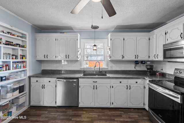 kitchen with stainless steel appliances, dark wood-type flooring, dark countertops, and a sink