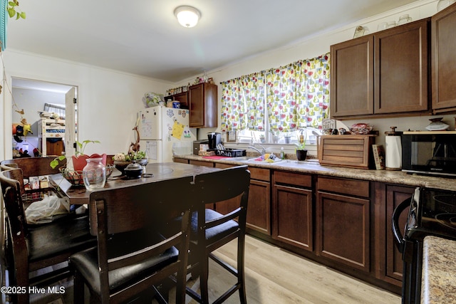 kitchen featuring freestanding refrigerator, light countertops, light wood-type flooring, black range with electric cooktop, and a sink