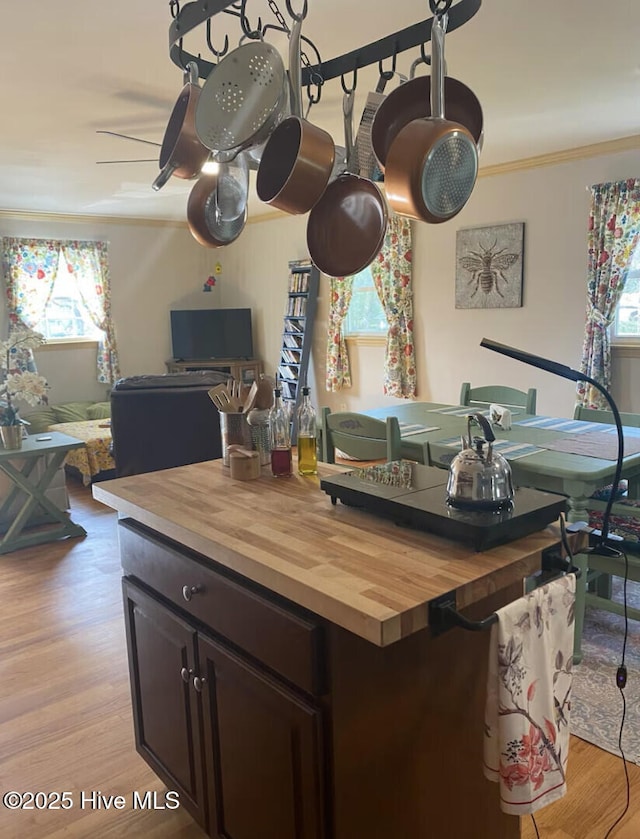 kitchen featuring light wood-style flooring, dark brown cabinetry, butcher block counters, open floor plan, and crown molding