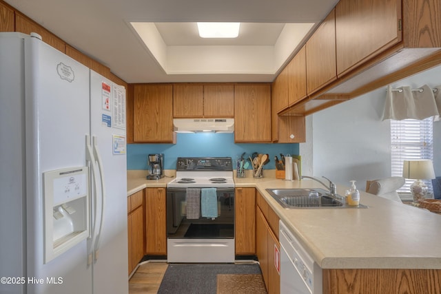 918 N New River Dr Unit 728, Surf City, NC 28445 - kitchen with under cabinet range hood, white appliances, light countertops, and a sink