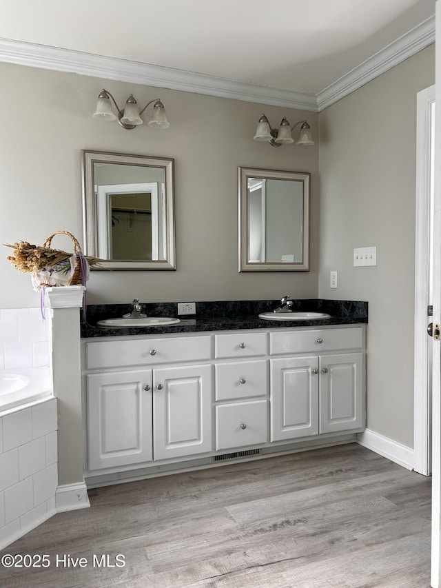 bathroom featuring wood finished floors, double vanity, ornamental molding, and a sink