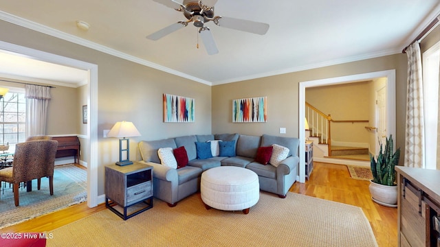 living area with baseboards, light wood-style flooring, ceiling fan, ornamental molding, and stairs