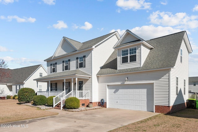 view of front facade featuring a porch, a garage, driveway, roof with shingles, and crawl space