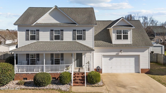 view of front of house with roof with shingles, covered porch, concrete driveway, crawl space, and a garage