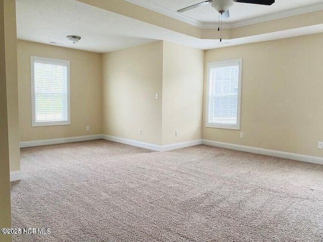 carpeted empty room featuring a tray ceiling, crown molding, baseboards, and ceiling fan