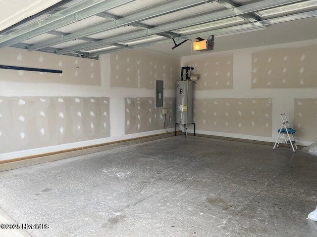 garage with electric panel, water heater, and a garage door opener