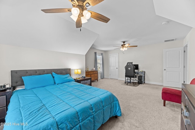 bedroom with light carpet, visible vents, baseboards, and a ceiling fan