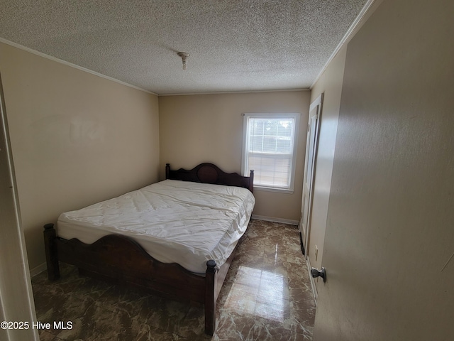 bedroom with a textured ceiling, baseboards, and crown molding