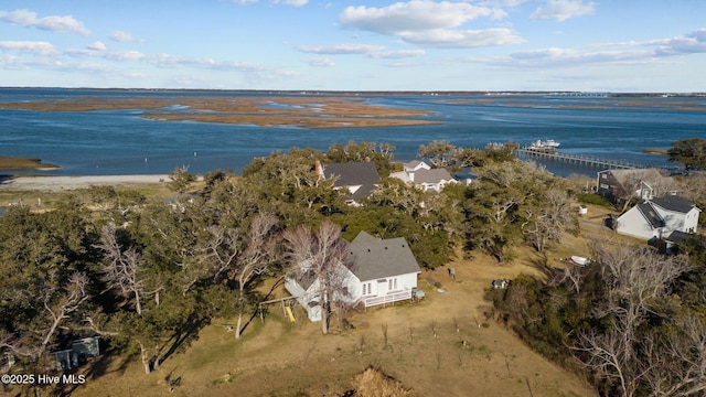 drone / aerial view featuring a water view