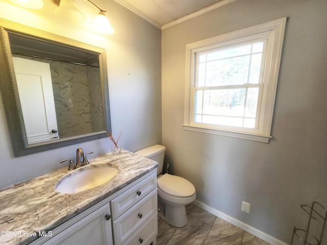 full bath featuring toilet, marble finish floor, crown molding, baseboards, and vanity