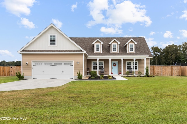 view of front facade featuring a shingled roof, concrete driveway, a front yard, fence, and a garage