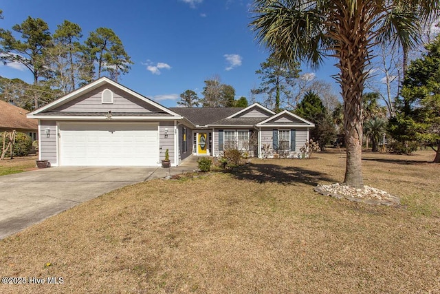 single story home with driveway, a garage, and a front lawn