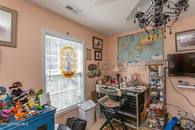 office space with a healthy amount of sunlight, visible vents, and a textured ceiling