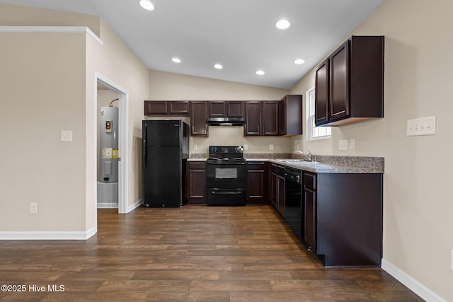 kitchen featuring dark wood-type flooring, dark brown cabinetry, under cabinet range hood, water heater, and black appliances