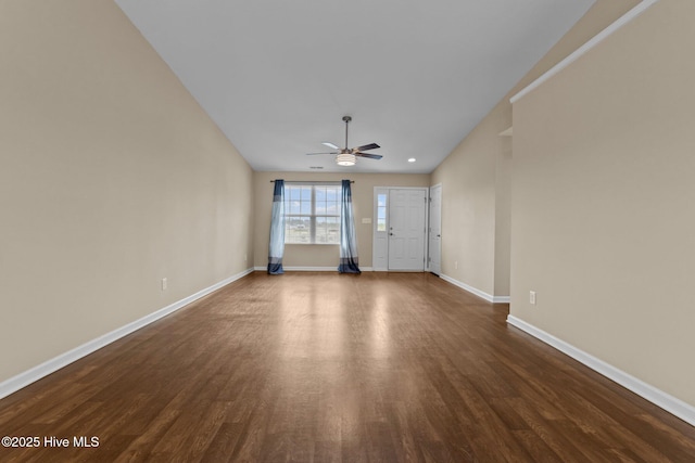 unfurnished room with recessed lighting, baseboards, ceiling fan, and dark wood-style flooring