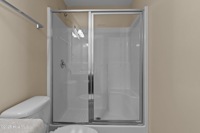 bathroom with a shower stall and toilet